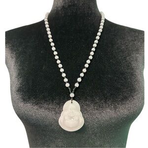 Faux Jade Buddha Pendant Necklace With Black & White Beaded